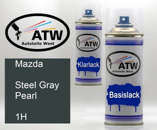 Mazda, Steel Gray Pearl, 1H: 400ml Sprühdose + 400ml Klarlack - Set, von ATW Autoteile West.
